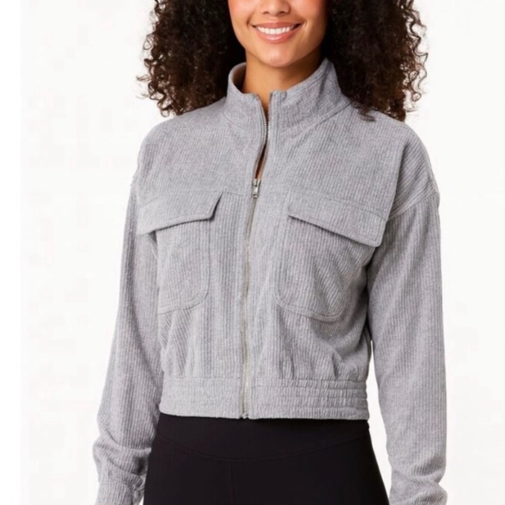 Aerie Cropped Full Zip Jacket Gray Ribbed Cotton Blend Double Pockets Size L